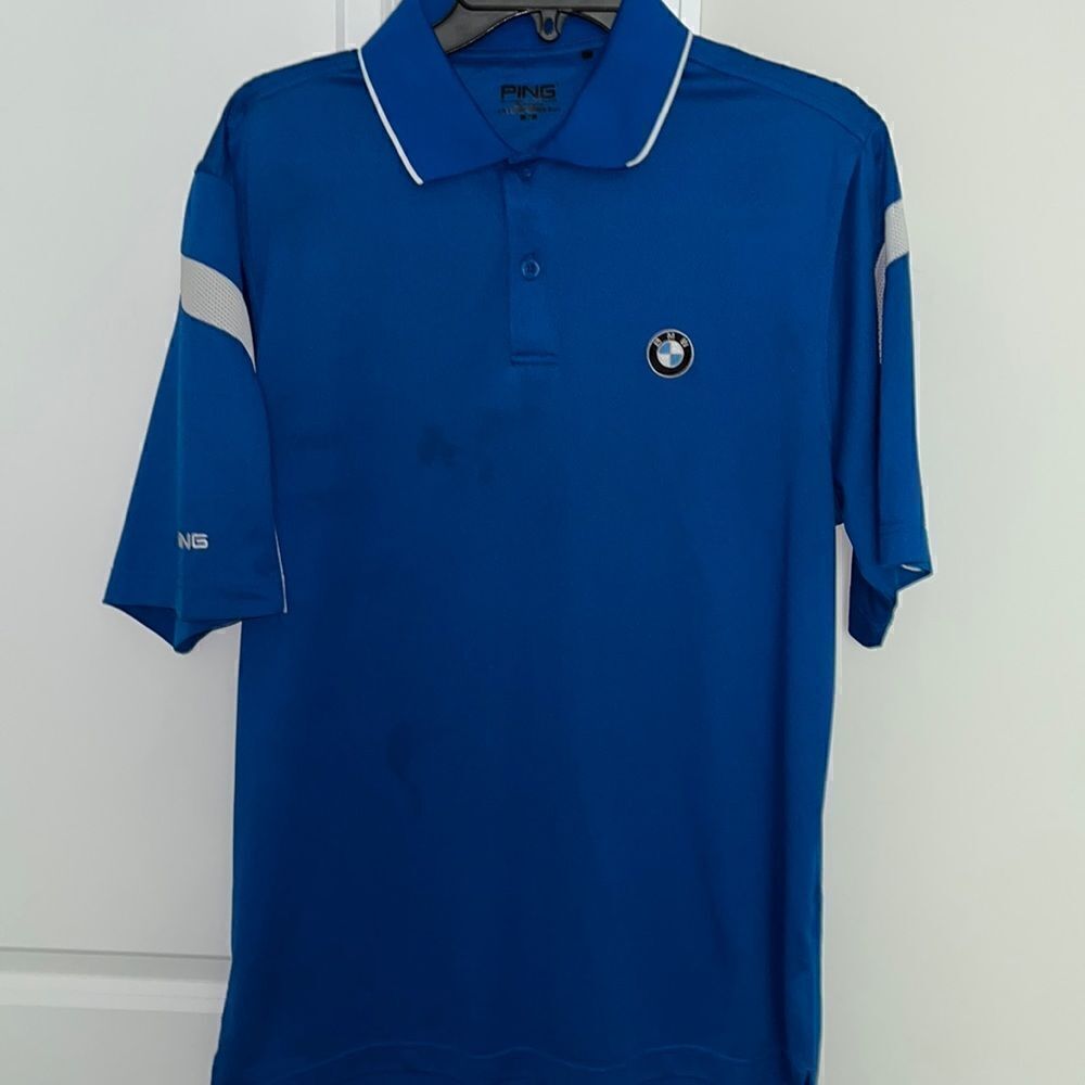 BMW Ping Man Duke Royal Blue & White mens Golf Polo Tennis Shirt M Polyester